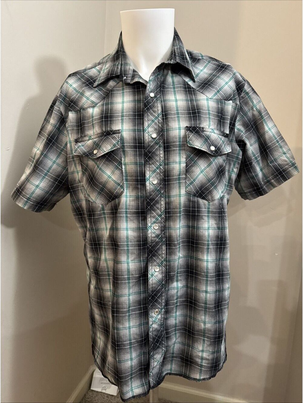 Wrangler Western Cowboy Ranch Men's Short Sleeve Black Green Pearl Snap Size L